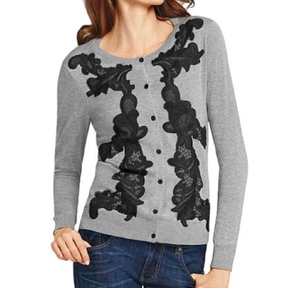 CABI Applique Cardigan 100 Gray Black Crochet Lace Preppy 100% Cotton Sweater S